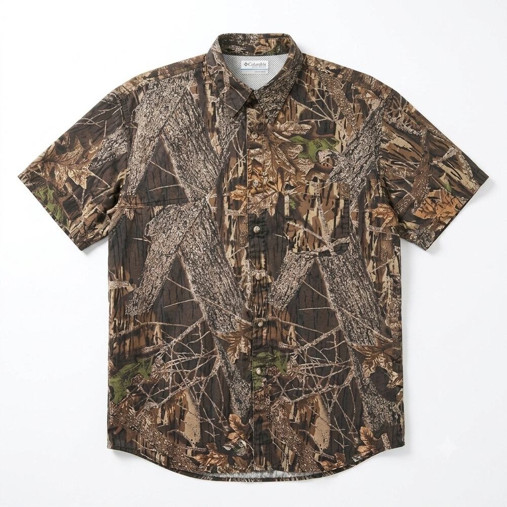 Columbia PFG Camo Print Hunting Fishing Shirt Brown Vented Vintage Mens Medium